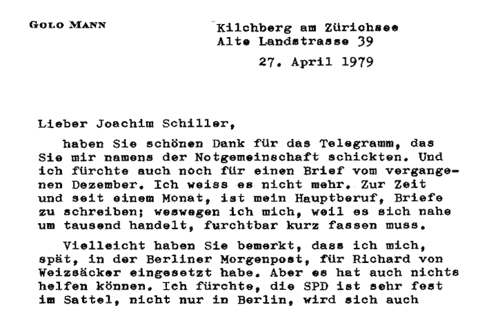 Ausschnitt aus einem Brief des Historikers Golo Mann, Foto: © Archiv Schiller