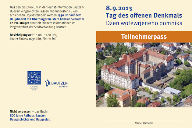 Teilnehmerpass der Stadt Bautzen zum Denkmaltag 2013